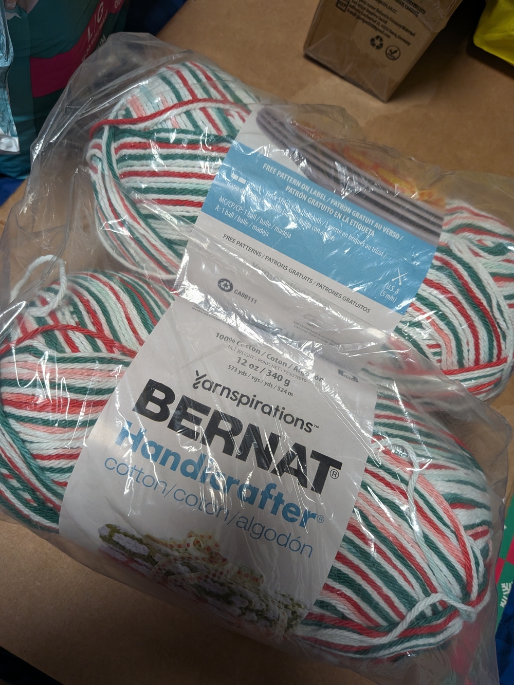 Bernat Handicrafter Cotton Yarn - Red, Green, White Stripe